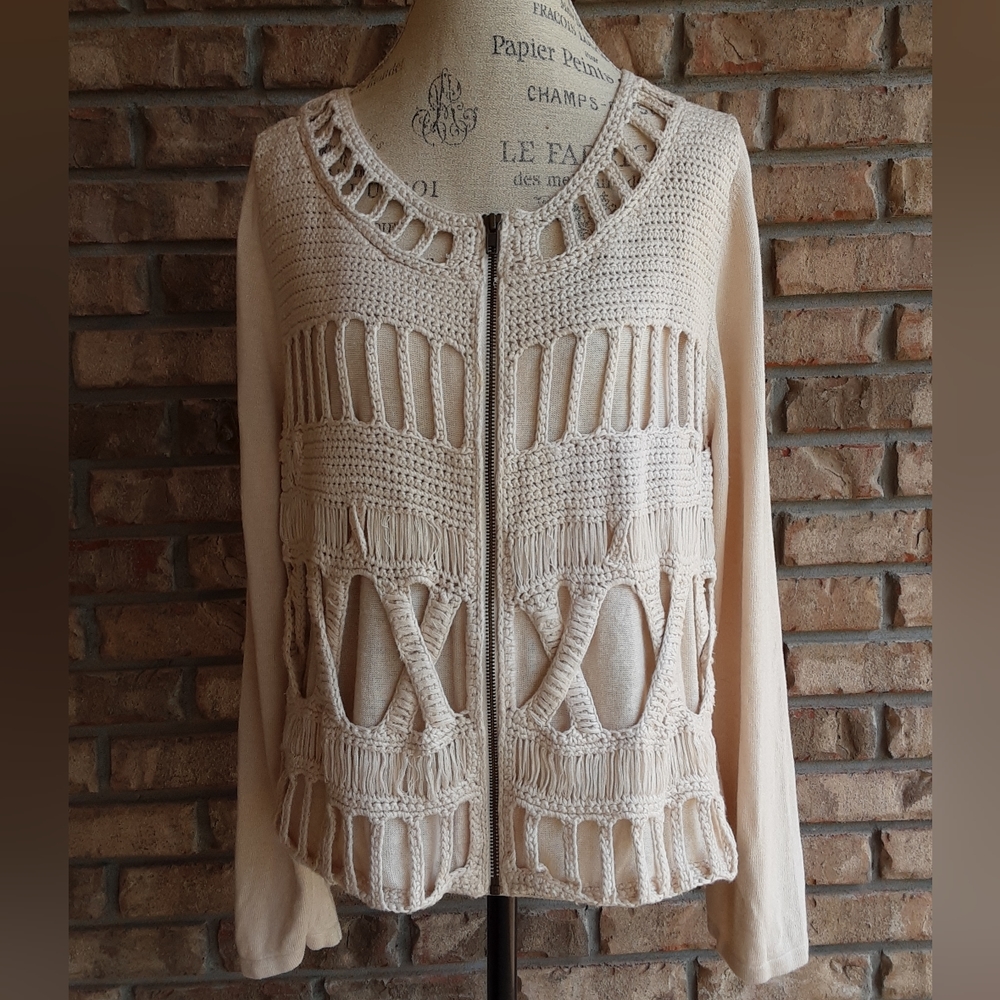 Chico's Linen Blend Macrame Zippered Front Cardigan Sweater Size 3.